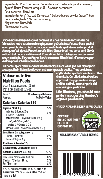 Saucisson sec original naturel – Rheintal Biotransformateur québécois
