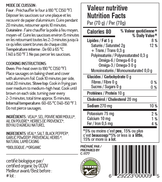 Organic pure veal sausage