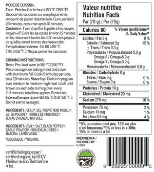 Organic pure veal sausage