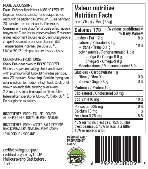 Organic Toulouse sausage